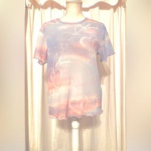 Collusion M (Air Clouds) Purple Sheer Short Sleeved Top with Rhinestone Designs